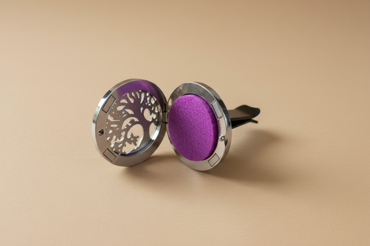 Car Diffuser with 1 tiny bottle of Calm and 1 tiny bottle of Energy and 10 pads